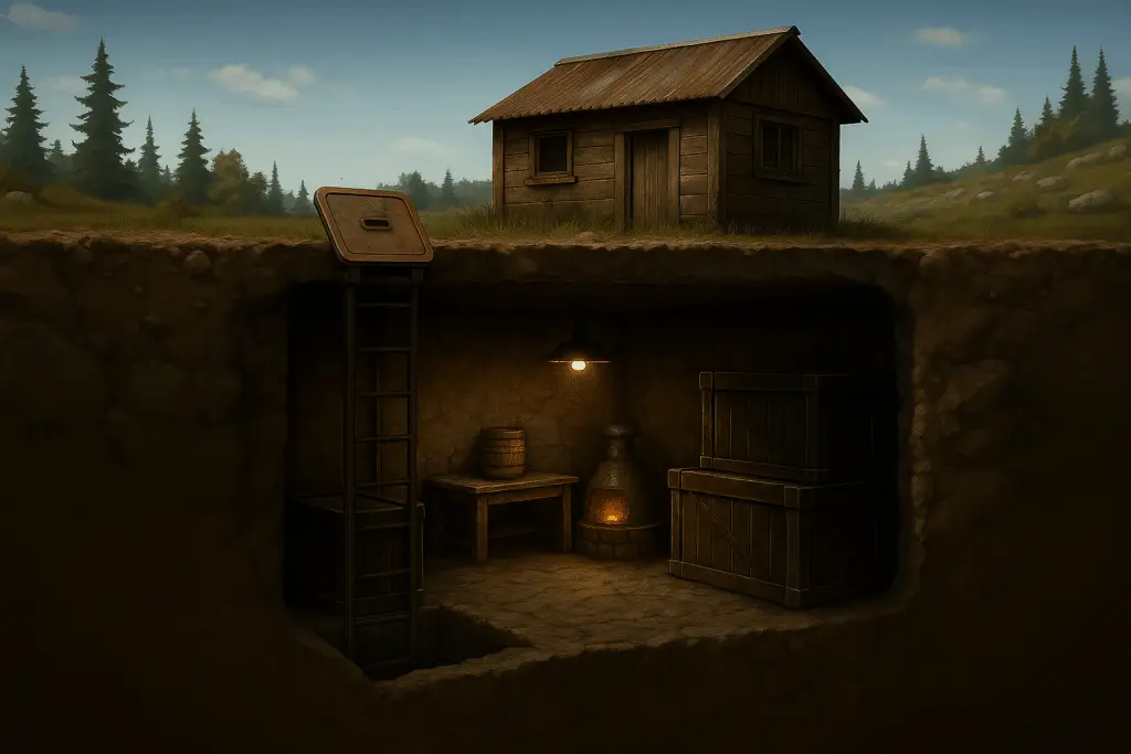Cross-section of a Rust base with an underground basement, crates, furnace, and hatch access