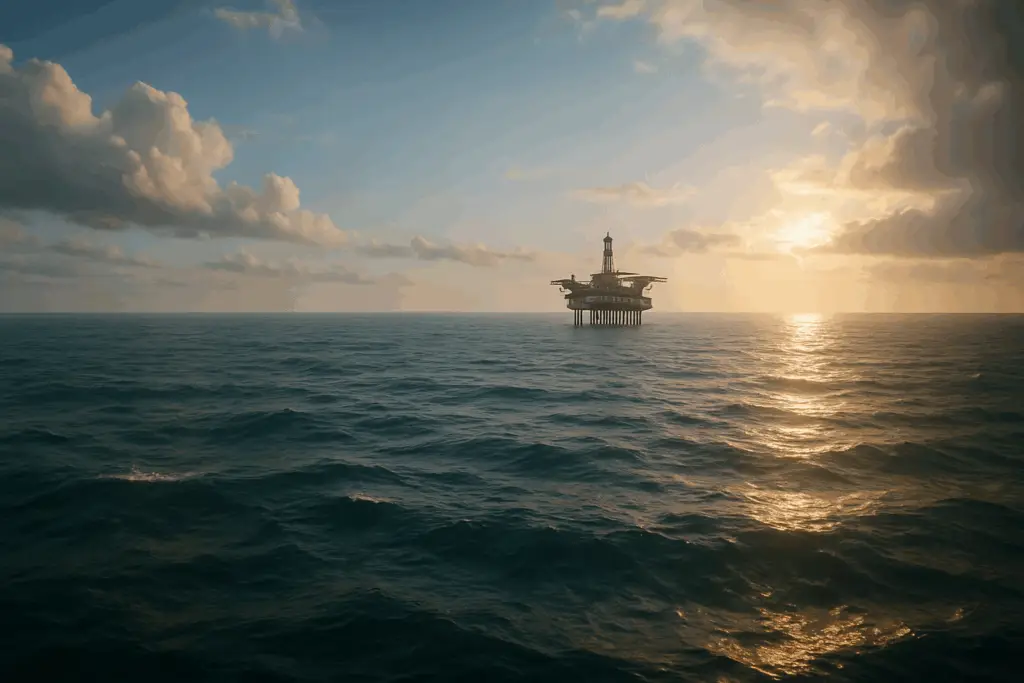 Oil rig in the distance across open ocean at sunset, representing the start of a Heavy Rig wave event.