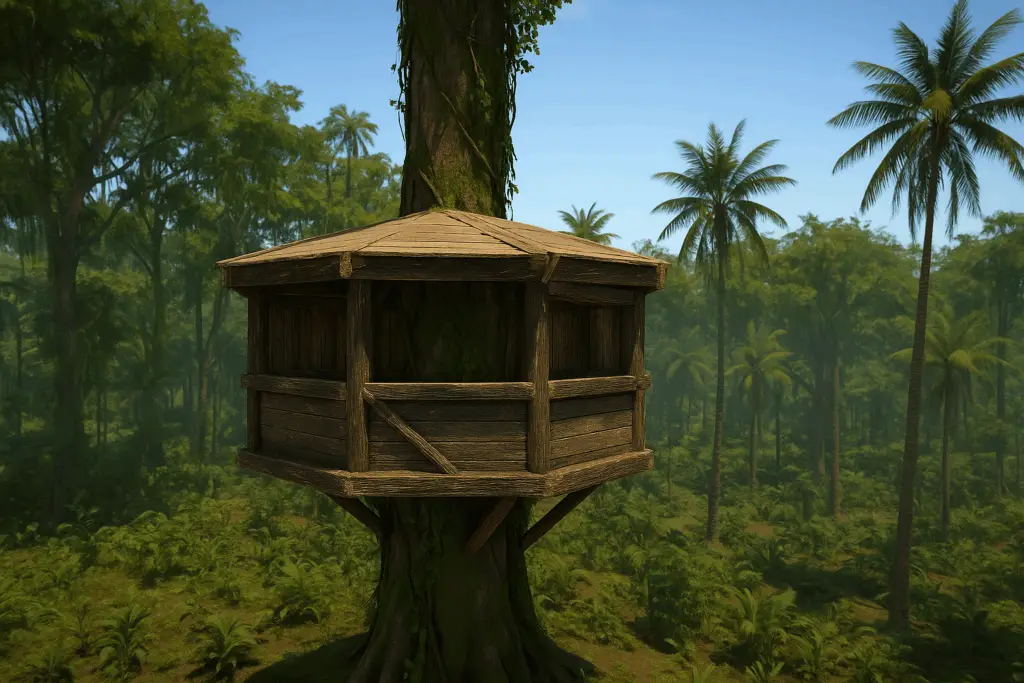 State of Flux treehouse player-built base wrapped around a jungle tree in the buildable canopy zone.