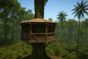 State of Flux treehouse player-built base wrapped around a jungle tree in the buildable canopy zone.